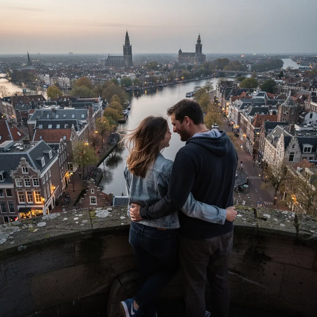 Een uitzicht op de middeleeuwse stad Utrecht met zijn karakteristieke torens en grachten.
